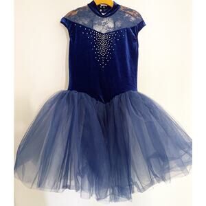 Weissman Dance Costume Woman XL A Blue Velvet Lace Rhinestone Tulle Ballet